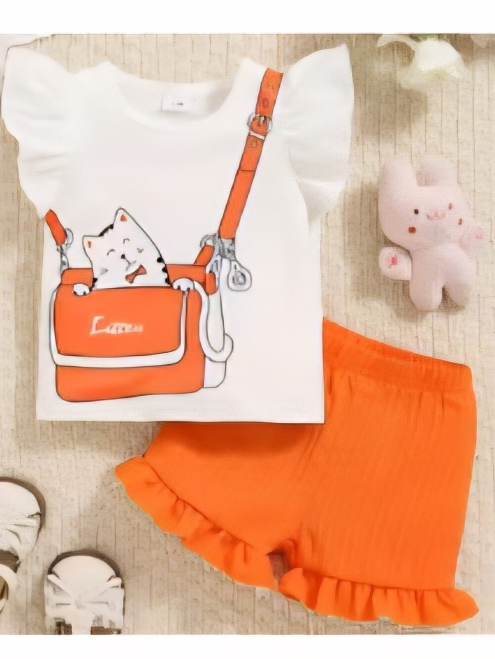 Girls White & Orange Cat Top and Ruffle Shorts Set, Size 2-3Y